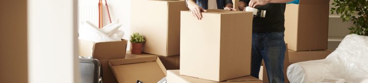 Couple packing stuff among plenty of cardboard boxes